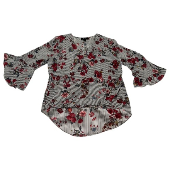 BCX Floral Stripe Wrap Front Bell Sleeve Blouse Women’s Large - Picture 4 of 9